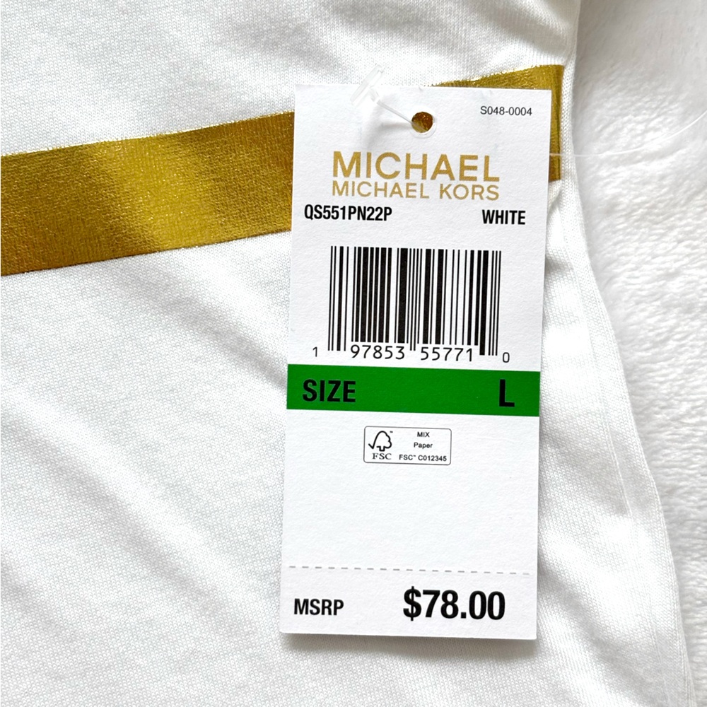 MICHAEL KORS White Cropped Short Sleeve T-Shirt with Metallic Gold Logo--L - Picture 8 of 13